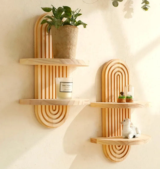 🪵 ECHO Boho Wooden Wall-Mounted Storage Rack – Natural Style Meets Function